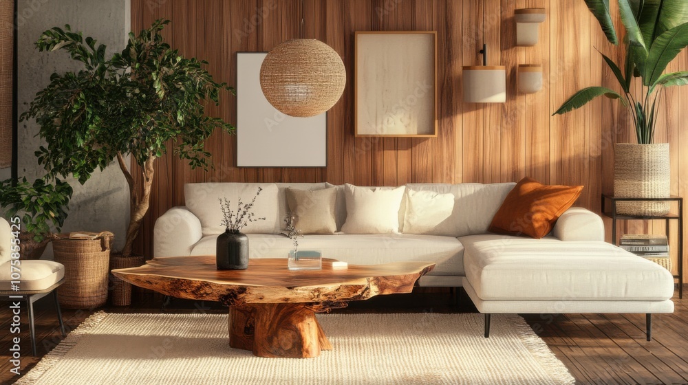 Japandi living room design with a live edge coffee table and corner sofa, Japandi living room design with a live edge coffee table and corner sofa,