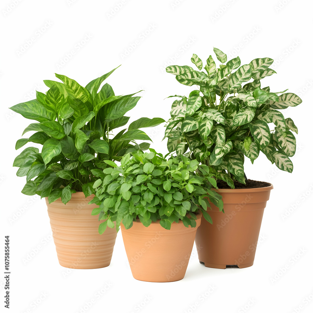 Three potted plants isolated on white background, green, leaves, foliage, houseplant, indoor plant Three potted plants isolated on white background, green, leaves, foliage, houseplant, indoor plant