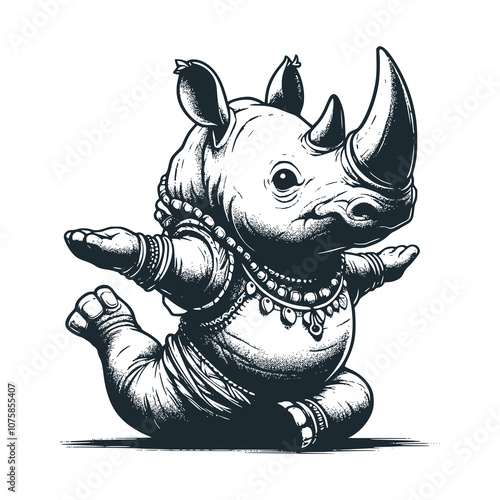 Dancing rhinoceros. Black white vector illustration.