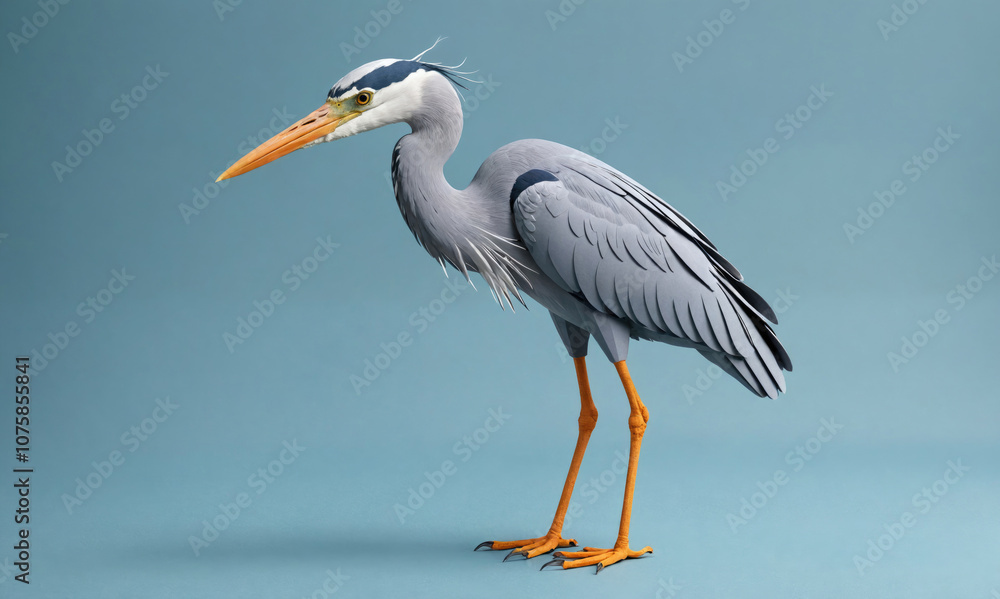 A grey heron stands on a blue background, looking to the left A grey heron stands on a blue background, looking to the left