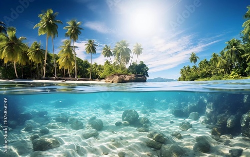 A serene tropical scene with palm trees, clear water, and a bright sun illuminating the landscape.