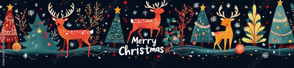 Naklejka premium A festive illustration featuring red deer, colorful Christmas trees, and a 