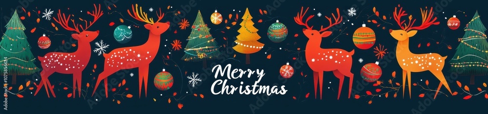 Colorful Christmas scene featuring festive reindeer, trees, and ornaments, with a cheerful Colorful Christmas scene featuring festive reindeer, trees, and ornaments, with a cheerful