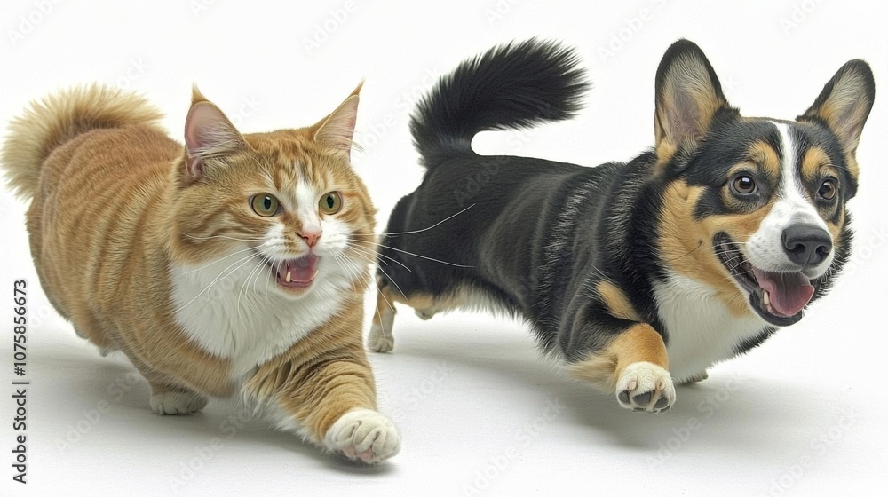 A cat and dog playing together in a sunny backyard, chasing each other around , isolated on white background, , copy space, copy space for text, A cat and dog playing together in a sunny backyard, chasing each other around , isolated on white background, , copy space, copy space for text,