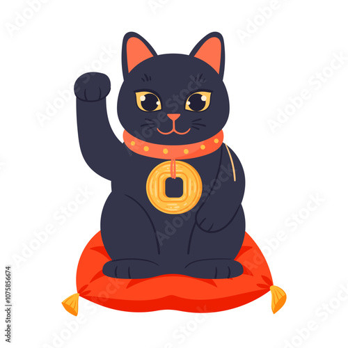 Asian maneki neko. Japanese ceramic fortune cat, cute traditional lucky cat, fortune cat toy flat vector illustration. Oriental maneki neko statuette
