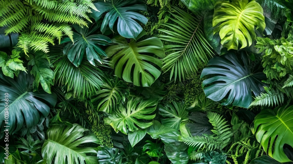 Lush green tropical leaves background with various textures and shapes. Lush green tropical leaves background with various textures and shapes.