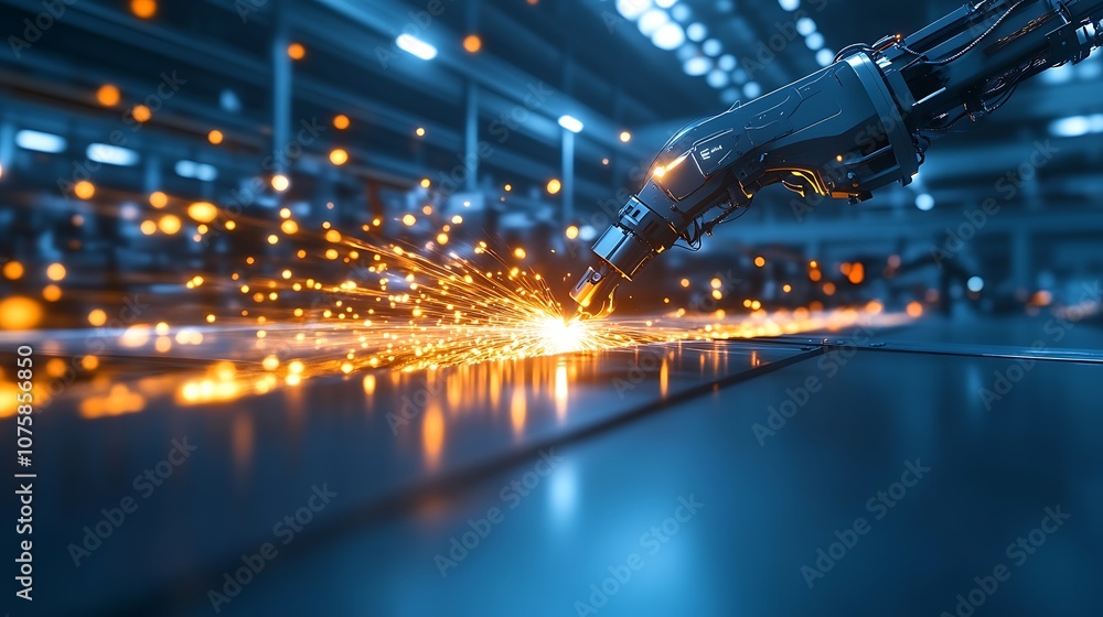 A robotic arm welds in a factory, emitting sparks, showcasing advanced technology and automation in industrial applications. A robotic arm welds in a factory, emitting sparks, showcasing advanced technology and automation in industrial applications.