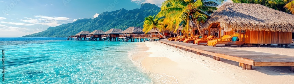 Tropical Paradise with Overwater Bungalows, Clear Blue Sea, Palm Trees, and Scenic Mountain Backdrop in Exotic Location Under Bright Sky Tropical Paradise with Overwater Bungalows, Clear Blue Sea, Palm Trees, and Scenic Mountain Backdrop in Exotic Location Under Bright Sky