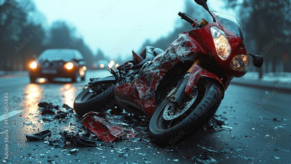 custom made wallpaper toronto digitalA devastating traffic collision scene showing a damaged motorcycle after a severe accident with a car , isolated on white background,  , copy space, copy space for text,