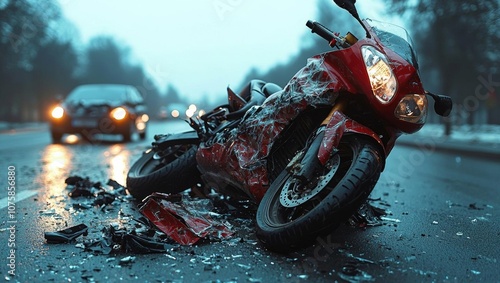 Wallpaper Mural A devastating traffic collision scene showing a damaged motorcycle after a severe accident with a car , isolated on white background,  , copy space, copy space for text, Torontodigital.ca