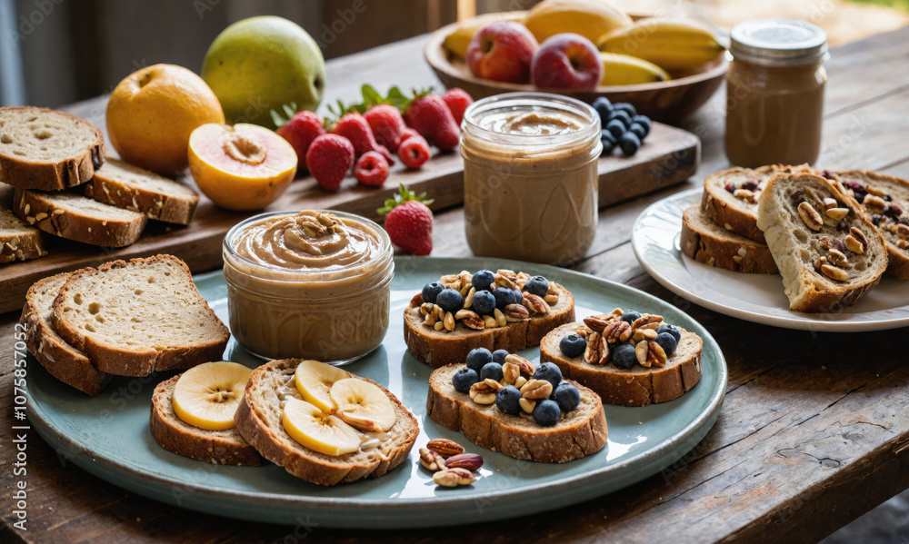 A plate of toast topped with nut butter, blueberries, and pecans sits on a wooden table with other ingredients like sliced apples and peaches A plate of toast topped with nut butter, blueberries, and pecans sits on a wooden table with other ingredients like sliced apples and peaches
