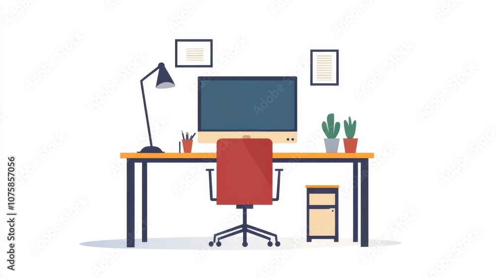 Minimalist flat design: Empty desk with a desktop computer Minimalist flat design: Empty desk with a desktop computer