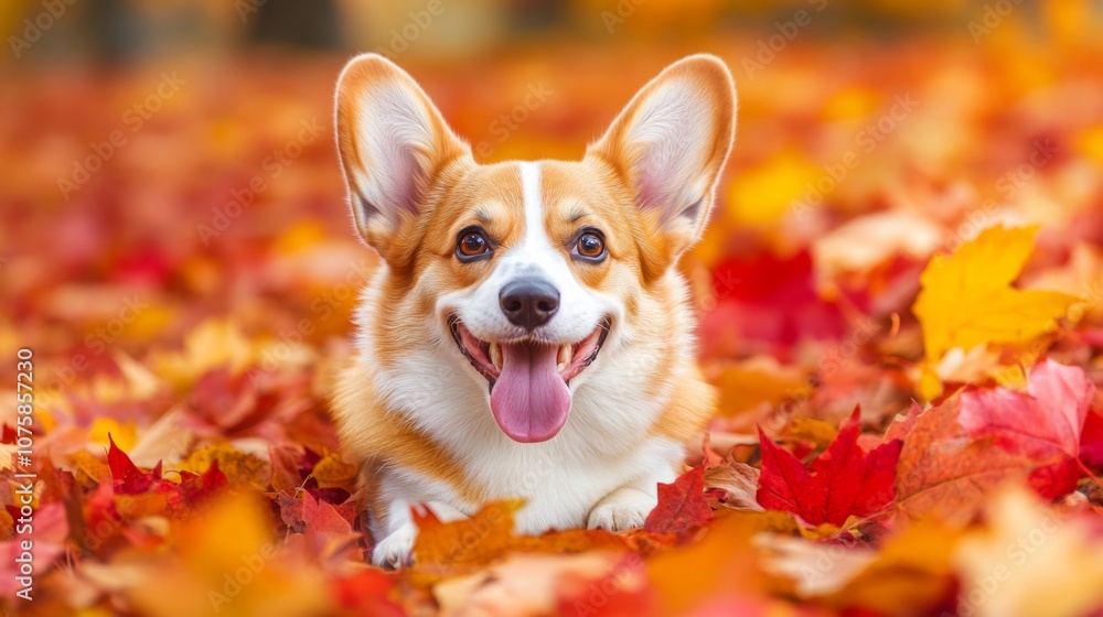 A Smiling Corgi Dog Surrounded by Autumn Leaves A Smiling Corgi Dog Surrounded by Autumn Leaves