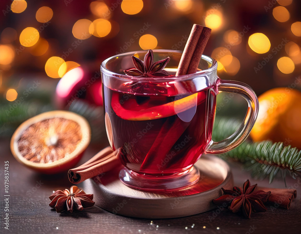 A steaming mug of mulled wine with cinnamon sticks and star anise, surrounded by festive decorations A steaming mug of mulled wine with cinnamon sticks and star anise, surrounded by festive decorations
