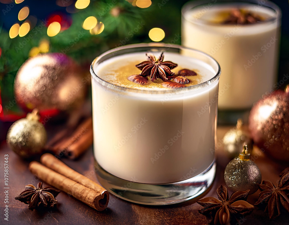 A festive glass of creamy eggnog topped with a star anise and cinnamon A festive glass of creamy eggnog topped with a star anise and cinnamon