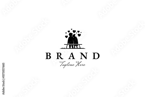 elderly vector logo illustration of the silhouette of a grandfather and grandmother sitting on a park bench lovingly in a flat design style