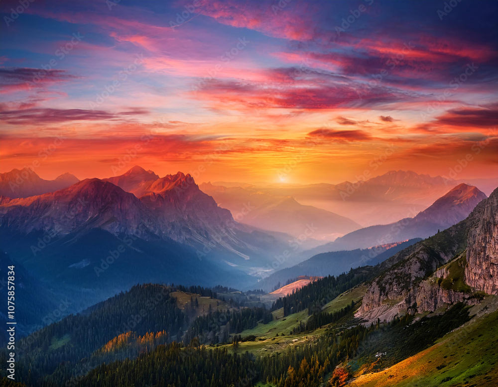 Dramatic mountain scenery at sunset with a vibrant sky Dramatic mountain scenery at sunset with a vibrant sky