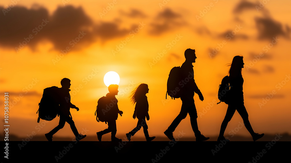 Fototapeta premium Family Silhouettes Walking into the Sunset, hiking, travel, adventure, backpack, horizon