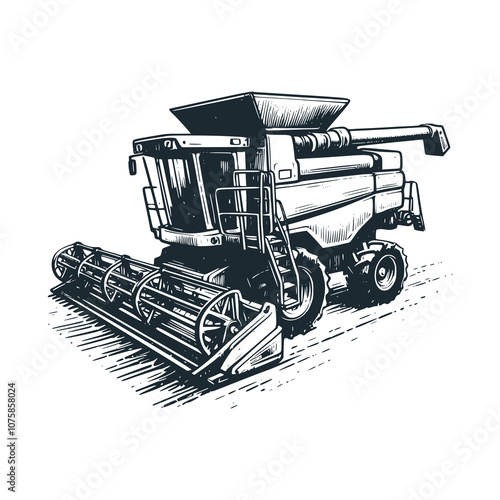 Modern agricultural harvesting machines. Black white vector illustration.