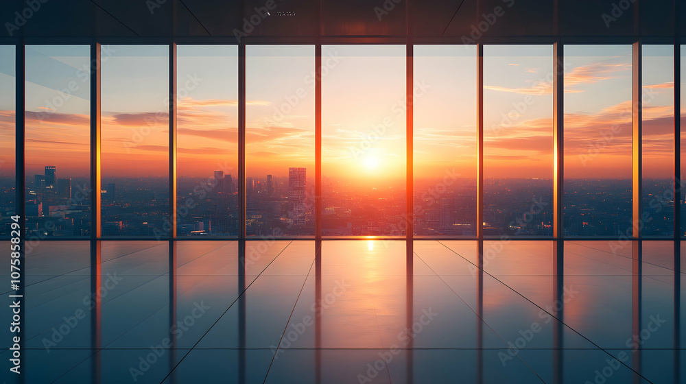 Fototapeta premium Sunset View From Modern Office Building, city, cityscape, urban, skyline, skyscraper