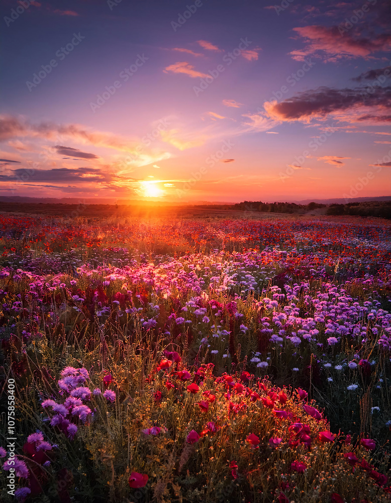 Naklejka premium A breathtaking sunset casts a warm glow over a field of vibrant wildflowers