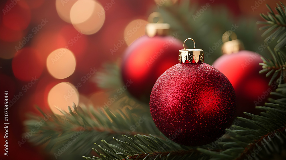 Christmas Ornament On Fir Branch, red, gold, bauble, decoration, festive Christmas Ornament On Fir Branch, red, gold, bauble, decoration, festive