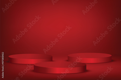 Abstract red pedestal podium 3D design and dark red background. Minimal studio showroom concept presentation for product display, fashion showcase, banner cosmetic, promotion. Vector geometric

