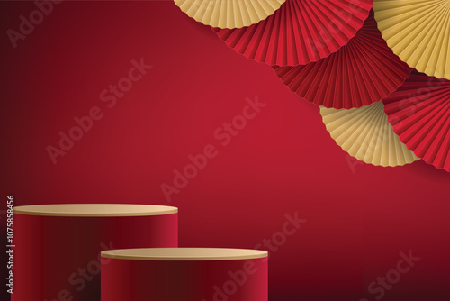 Red pedestal or podium with traditional lunar folding paper fans. Happy chinese new year festival minimal scene mockup product display. Concept of chinese style backdrop abstract background
