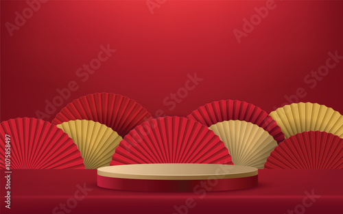 Red pedestal or podium with traditional lunar folding paper fans. Happy chinese new year festival minimal scene mockup product display. Concept of chinese style backdrop abstract background
