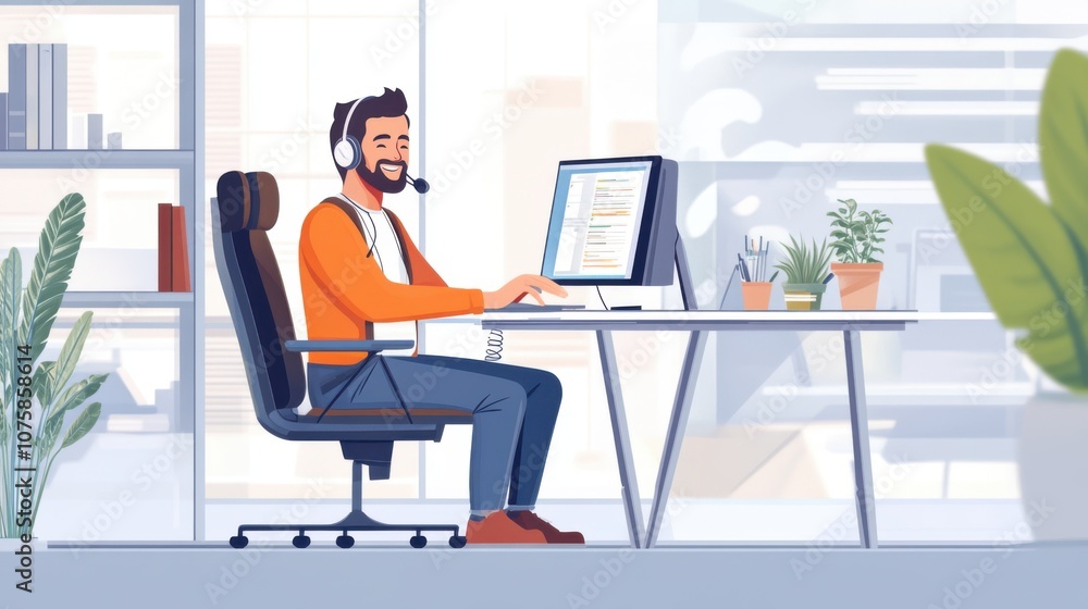 Professional male support agent, with a headset, happily Professional male support agent, with a headset, happily