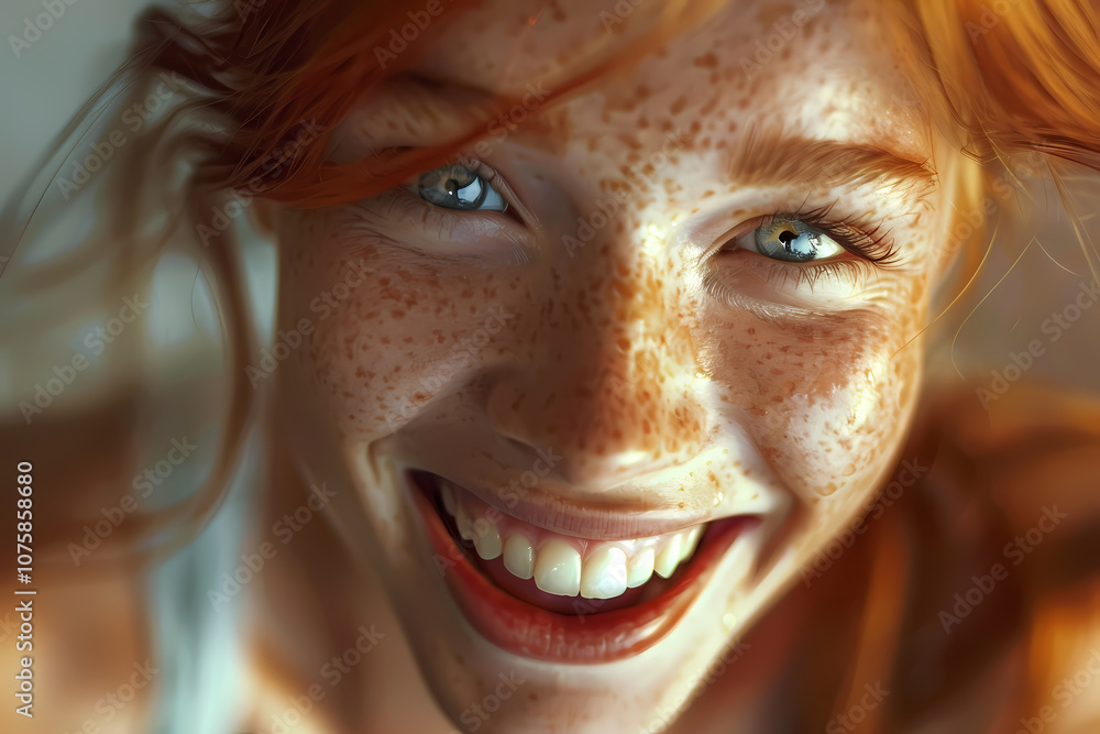 A joyful young girl with bright red hair and freckles beams brightly, exuding happiness and vitality with her captivating blue eyes. A joyful young girl with bright red hair and freckles beams brightly, exuding happiness and vitality with her captivating blue eyes.