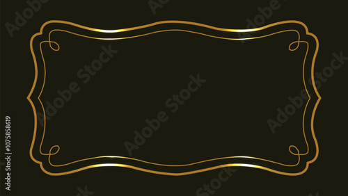 Gold frame. Rectangular border. Gold title background. Black abstract text banner. Line art. Wedding model frame. Copy space. Luxury and sophistication. Glitter and shiny square. Thin line. Vector.
