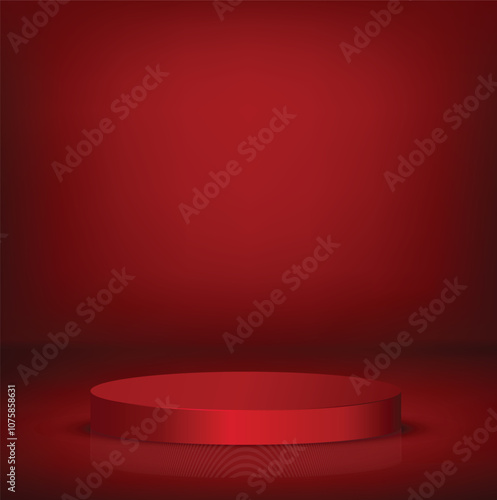 Abstract red pedestal podium 3D design and dark red background. Minimal studio showroom concept presentation for product display, fashion showcase, banner cosmetic, promotion. Vector geometric

