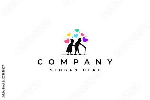 elderly illustration vector logo with colorful love icon in flat design style