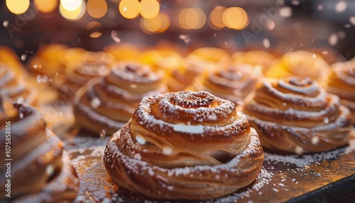 Close up of freshly baked cinnamon rolls with powdered sugar.