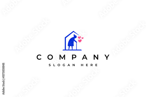 Elderly grandmother care logo with love house combination in flat vector design style