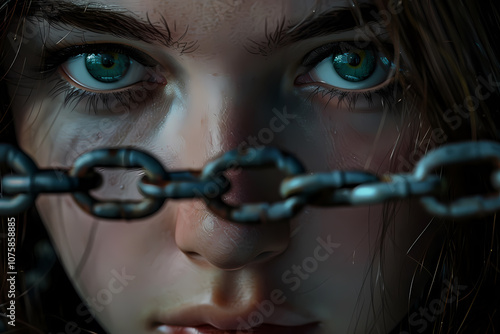 A close-up of a young woman with striking green eyes peering through a chain, conveying a sense of entrapment and emotional intensity.