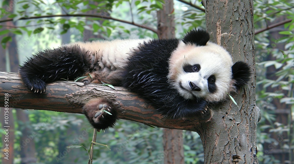 Obraz premium Giant Pandas Climbing Trees at the Chengdu Panda Breeding Center