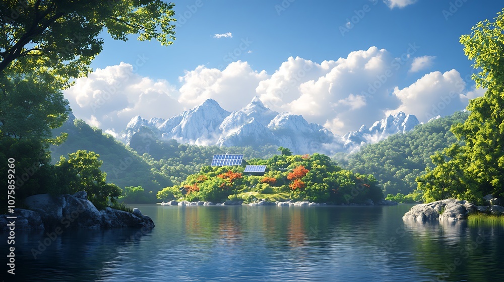 Fototapeta premium A serene landscape featuring lush greenery, a tranquil lake, and majestic mountains under a clear blue sky.
