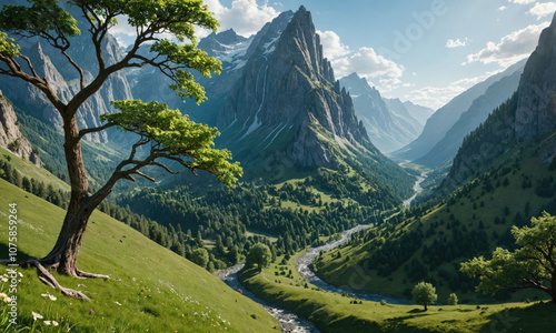 A lone tree stands on a grassy hillside overlooking a valley with a winding river and snow-capped mountains in the distance photo