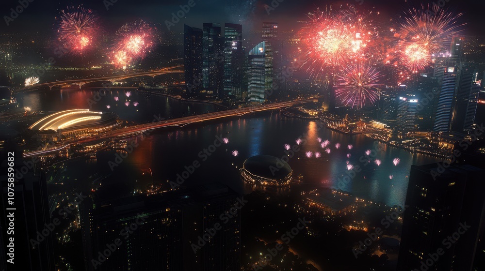 Skyscrapers and bridges illuminated by fireworks on New Year's Skyscrapers and bridges illuminated by fireworks on New Year's