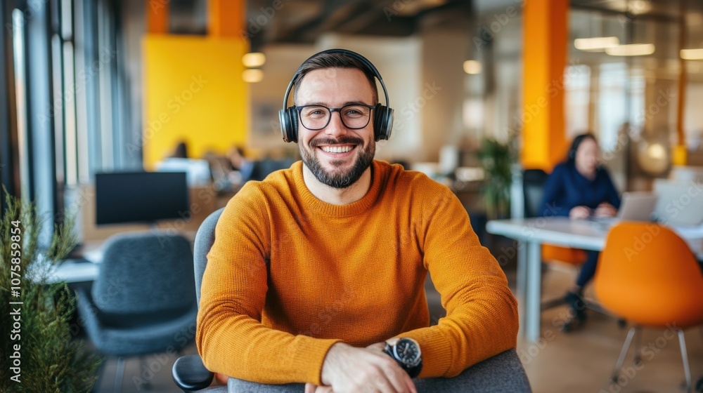 Obraz premium Smiling male call-center operator with headphones,