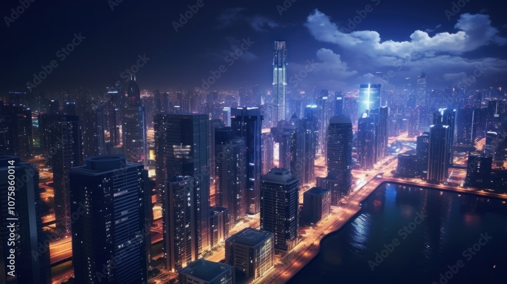 Fototapeta premium Nighttime Aerial View of Dubai's Skyline