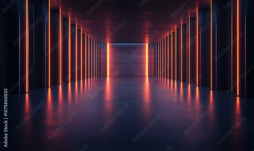 Fototapeta premium A futuristic hallway illuminated by vibrant neon lights, creating an atmospheric and immersive experience.