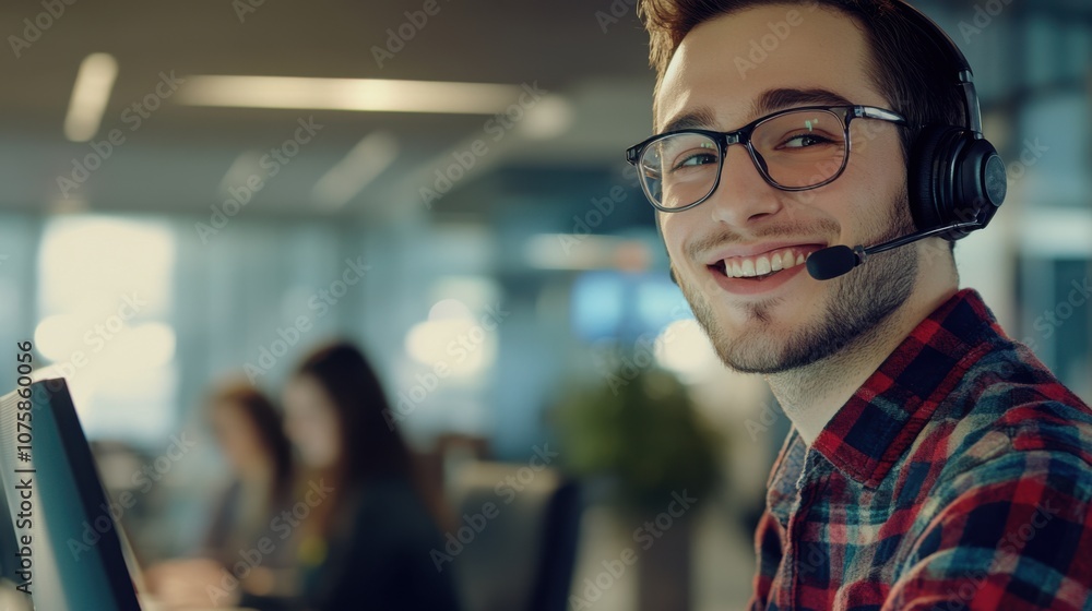 Smiling male operator with a headset, assisting clients online Smiling male operator with a headset, assisting clients online