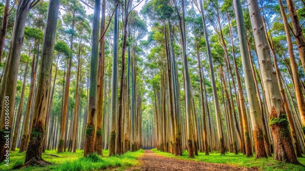 A vibrant eucalyptus forest with tall trees and a carpet of green leaves and branches, outdoors, bark A vibrant eucalyptus forest with tall trees and a carpet of green leaves and branches, outdoors, bark