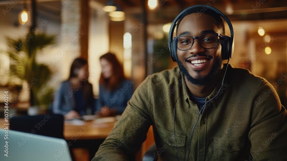 Fototapeta premium Smiling male support agent with headphones, sitting at a desk