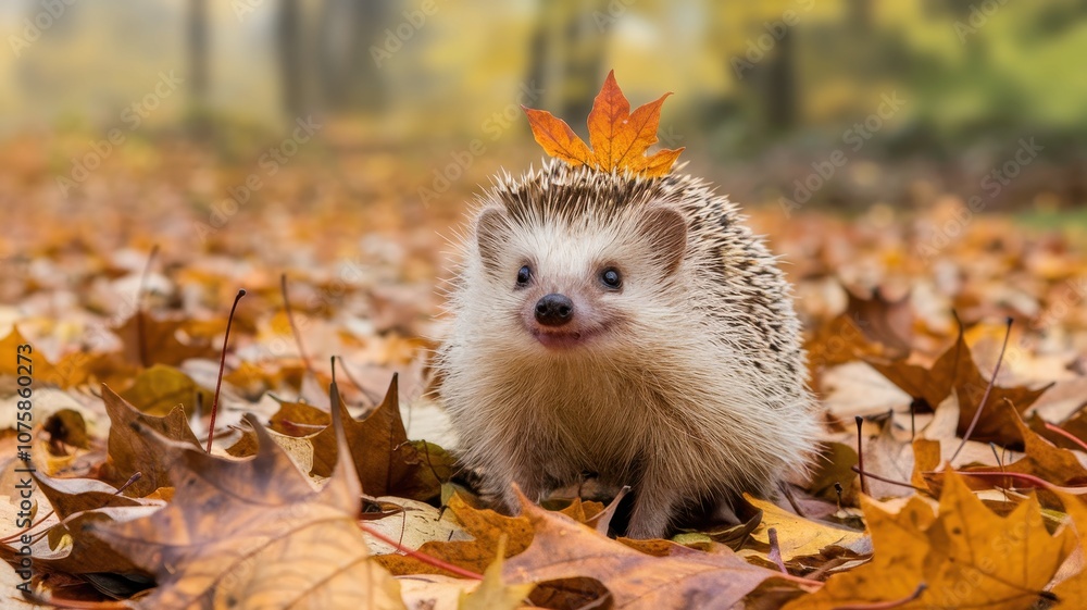 Brown Hedgehog Among Fallen Leaves in Autumn, Facing the Camera Brown Hedgehog Among Fallen Leaves in Autumn, Facing the Camera