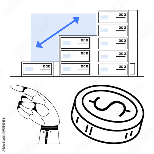 Robotic hand pointing, stacked buildings with growth arrow, and a coin with dollar sign. Ideal for technology, finance, artificial intelligence, investments, growth automation and fintech. Line