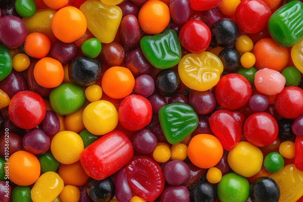 A colorful mix of hard candies, including round, oval, and leaf-shaped candies. A colorful mix of hard candies, including round, oval, and leaf-shaped candies.